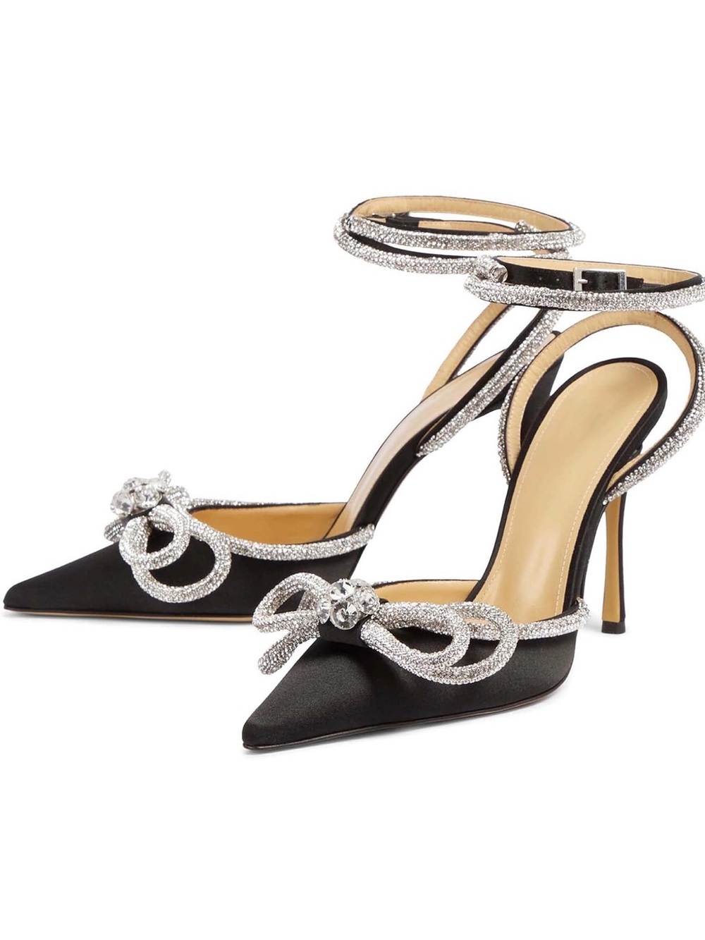 Black Satin Crystal Bow Ankle-Strap Stiletto Pumps